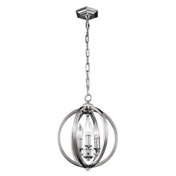 Feiss Corinne small 3 light pendant in polished nickel with crystal inlay, full height on white background.