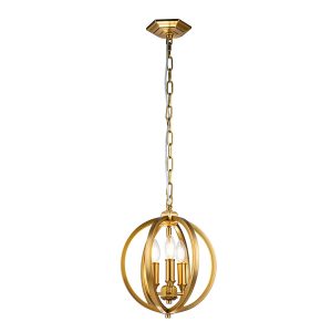 Feiss Corinne small 3 light pendant in burnished brass, full height on white background.