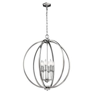 Feiss Corinne large 6 light pendant in polished nickel with crystal inlay, full height on white background.