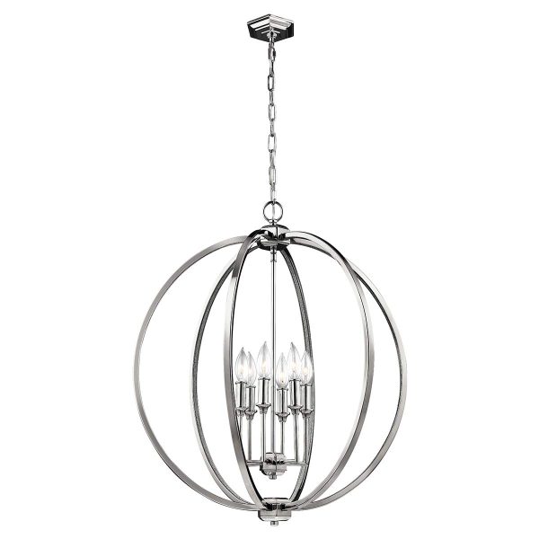 Feiss Corinne large 6 light pendant in polished nickel with crystal inlay, full height on white background.