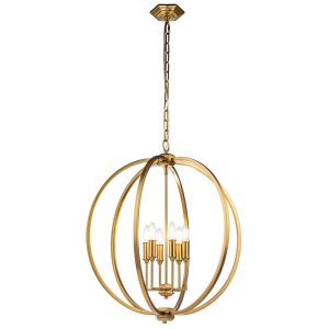 Feiss Corinne large 6 light pendant in burnished brass, full height on white background.