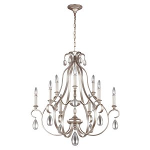 Feiss DeWitt 9 light large chandelier in sunrise silver finish with teardrop crystal, shown lit on white background.