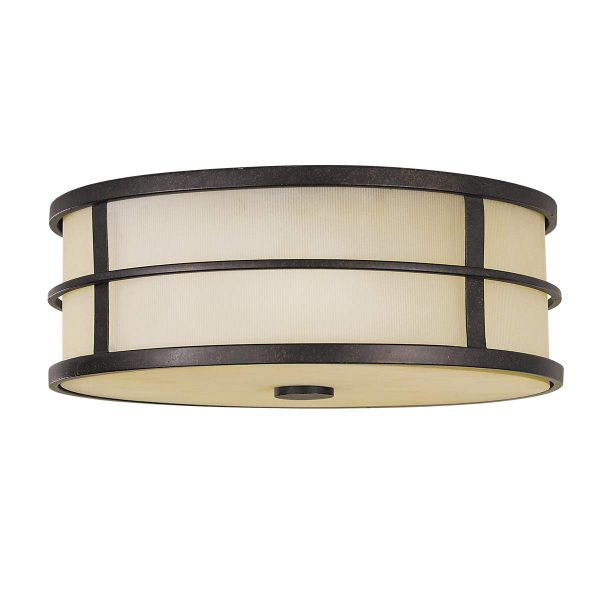 Feiss Fusion 3 light flush ceiling light in Grecian bronze on white background.