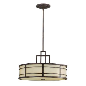 Feiss Fusion 3 light pendant in Grecian bronze, full height on white background.