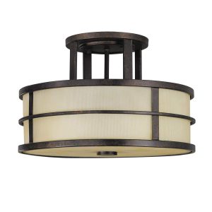 Feiss Fusion 3 light semi flush ceiling light in Grecian bronze on white background.