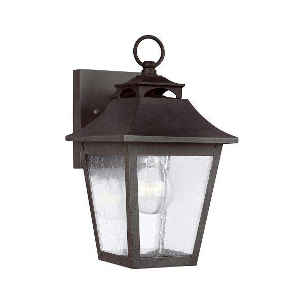 Feiss Galena 1 light small outdoor wall lantern in sable on white background.