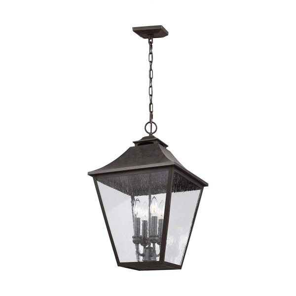 Feiss Galena 4 light porch chain lantern in sable, full height on white background.