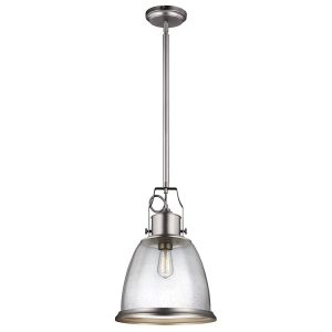 Feiss Hobson 1 light large pendant in satin nickel on white background, lit.