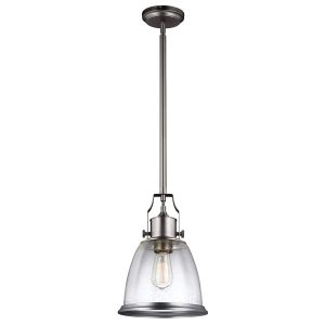 Feiss Hobson 1 light medium pendant in satin nickel on white background.