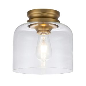 Feiss Hounslow burnished brass finish flush ceiling light on white background, lit.