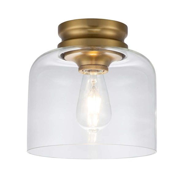 Feiss Hounslow burnished brass finish flush ceiling light on white background, lit.