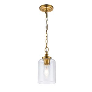 Feiss Hounslow 1 light clear glass mini pendant in burnished brass, full height on white background.