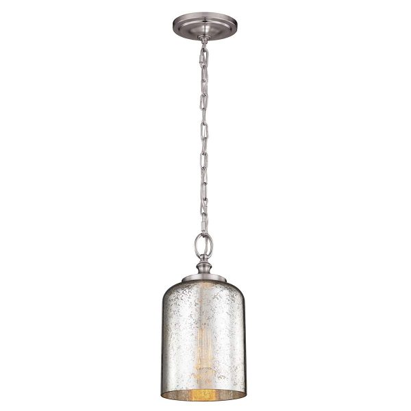 Feiss Hounslow brushed steel 1 light mini pendant with mercury glass shade, full height on white background.