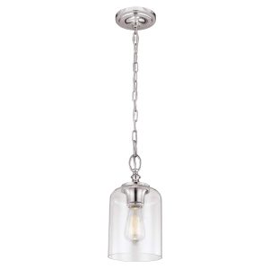 Feiss Hounslow polished nickel 1 light mini pendant with clear glass shade, full height on white background.