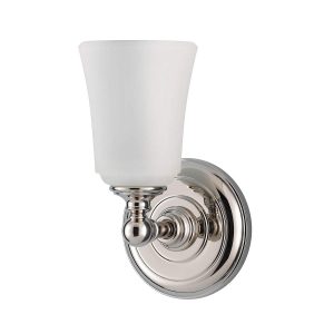 Feiss Huguenot Lake single bathroom wall light in polished chrome on white background.