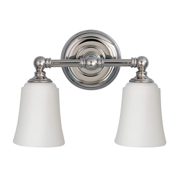 Feiss Huguenot Lake double bathroom mirror light in polished chrome on white background.