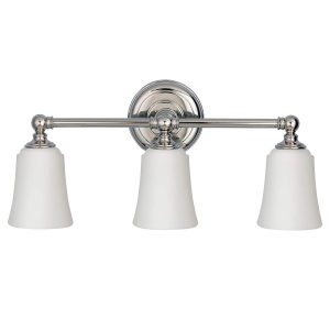 Feiss Huguenot Lake triple bathroom mirror light in polished chrome on white background.