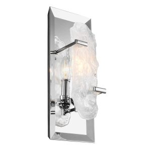 Feiss Katerina single wall light in polished chrome with sculpted glass on white background.