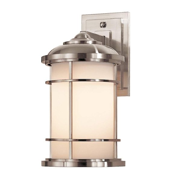 Feiss Lighthouse 1 light outdoor wall lantern in brushed steel on white background.