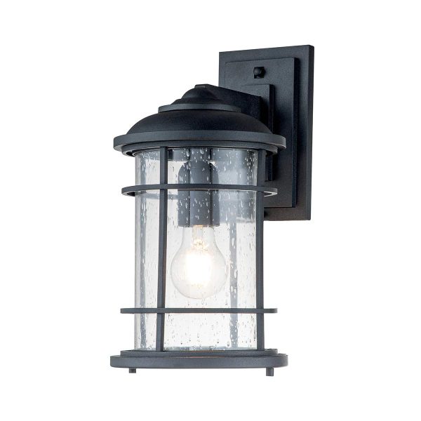 Feiss Lighthouse 1 light medium outdoor wall lantern in textured black on white background, lit.