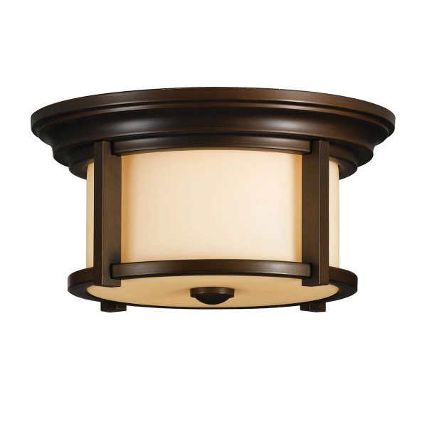 Feiss Merrill 2 light flush porch light in heritage bronze on white background.