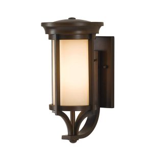 Feiss Merrill 1 light small outdoor wall lantern in heritage bronze on white background.