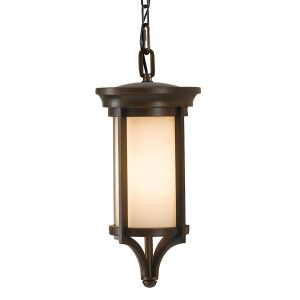 Feiss Merrill 1 light small hanging porch lantern in heritage bronze on white background.