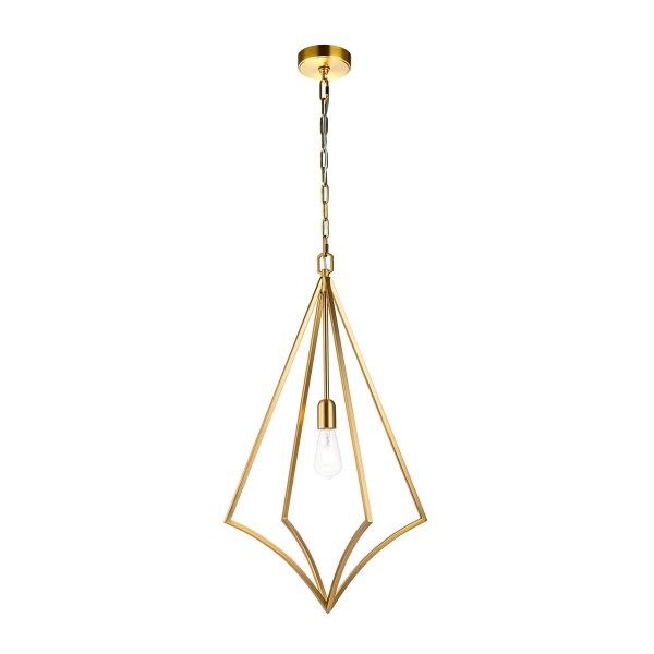 Feiss Nico 1 light large ceiling pendant in burnished brass on white background, lit.