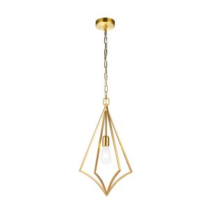 Feiss Nico 1 light medium ceiling pendant in burnished brass on white background, lit.