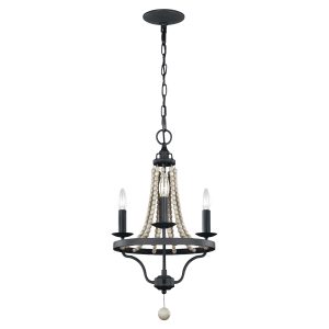 Feiss Nori 3 light chandelier in weathered zinc, full height on white background.