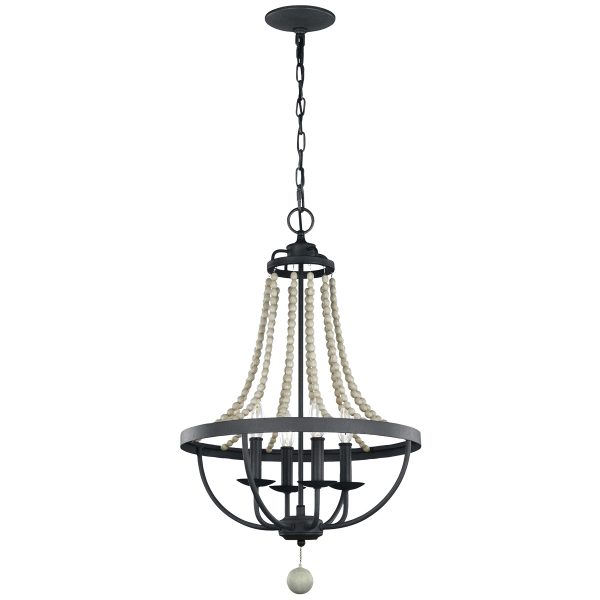 Feiss Nori 4 light chandelier in weathered zinc, full height on white background.