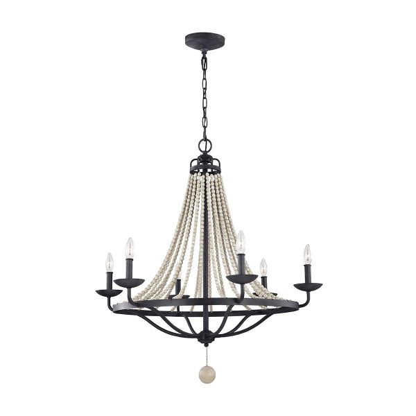 Feiss Nori large 6 light chandelier in weathered zinc, full height on white background.