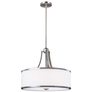 Feiss Prospect Park 4 light ceiling pendant in satin nickel, full height on white background.