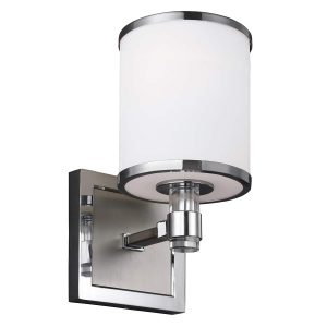 Feiss Prospect Park 1 light wall light in satin nickel on white background.