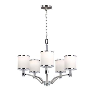 Feiss Prospect Park 5 light chandelier in satin nickel, shown full height on white background.