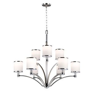 Feiss Prospect Park 9 light chandelier in satin nickel, full height on white background.