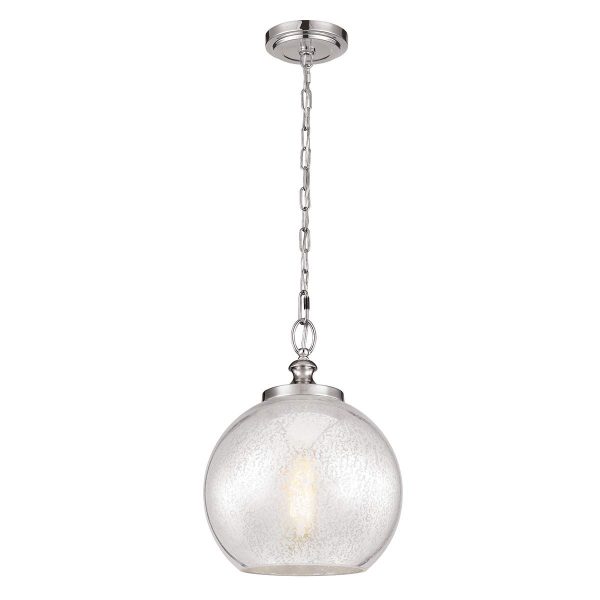 Feiss Tabby brushed steel 1 light pendant with mercury glass, full height on white background.