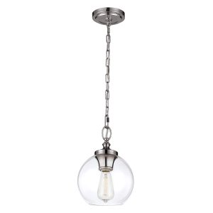 Feiss Tabby polished nickel 1 light mini pendant with clear glass shade, full height on white background.