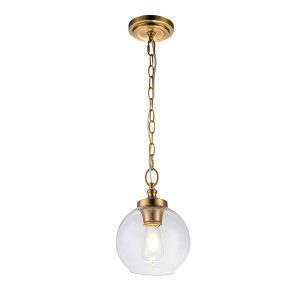 Feiss Tabby burnished brass 1 light mini pendant with clear glass shade, full height on white background, lit.