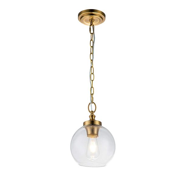 Feiss Tabby burnished brass 1 light mini pendant with clear glass shade, full height on white background, lit.