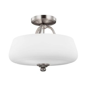 Feiss Vintner 3 light semi flush in satin nickel on white background.