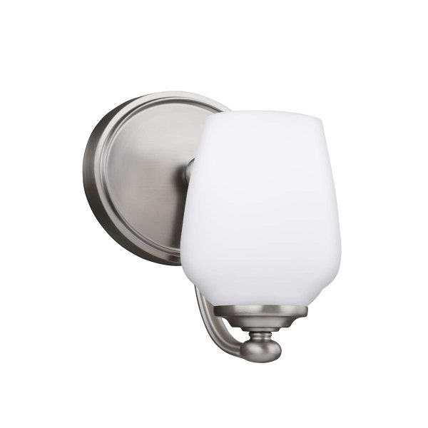 Feiss Vintner single wall light in satin nickel on white background.