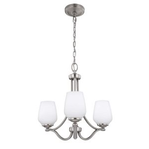 Feiss Vintner 3 light chandelier in satin nickel, full height on white background.