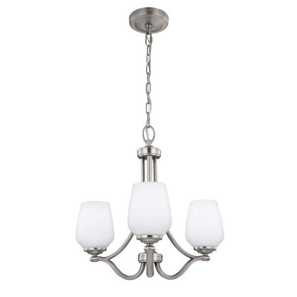 Feiss Vintner 3 light chandelier in satin nickel, full height on white background.