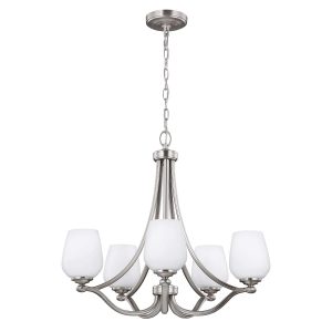 Feiss Vintner 5 light chandelier in satin nickel, full height on white background.