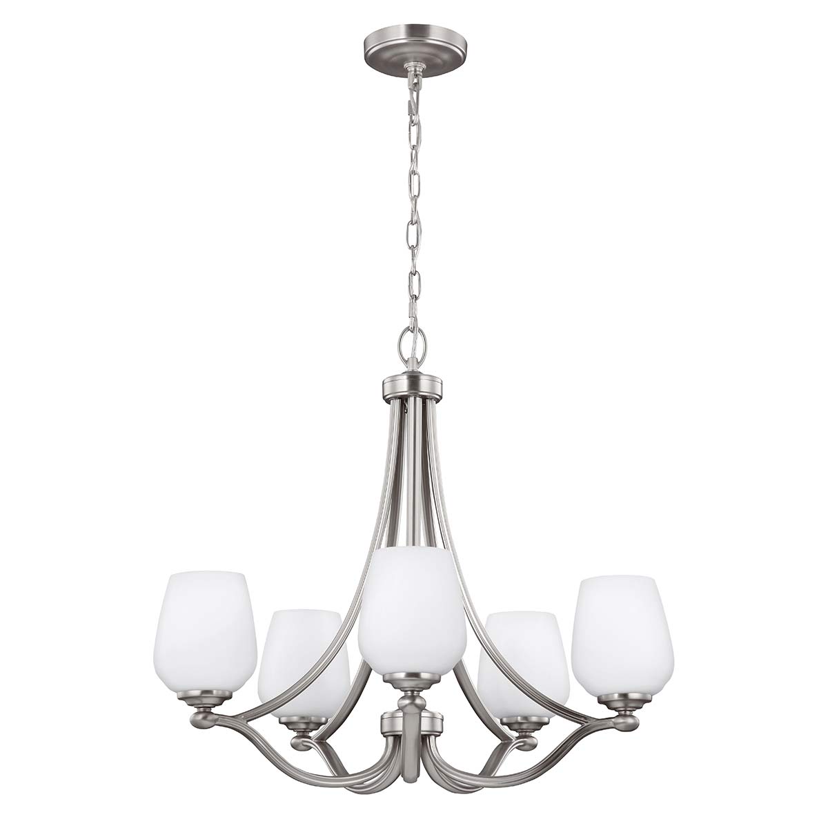 Feiss Vintner 5 Light Chandelier Satin Nickel Opal Glass Shades