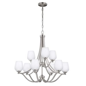 Feiss Vintner large 9 light chandelier in satin nickel, full height on white background.