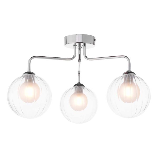 Feya 3 light semi flush ceiling light in polished chrome with clear and opal glass shades on white background lit