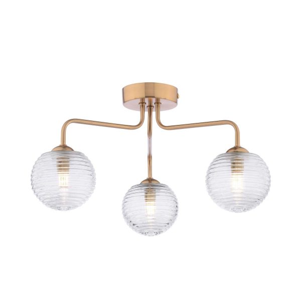 Feya 3 light semi flush ceiling light in antique bronze with ribbed glass shades on white background lit