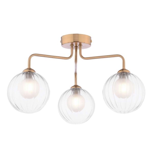 Feya 3 light semi flush ceiling light in antique bronze with clear and opal glass shades on white background lit